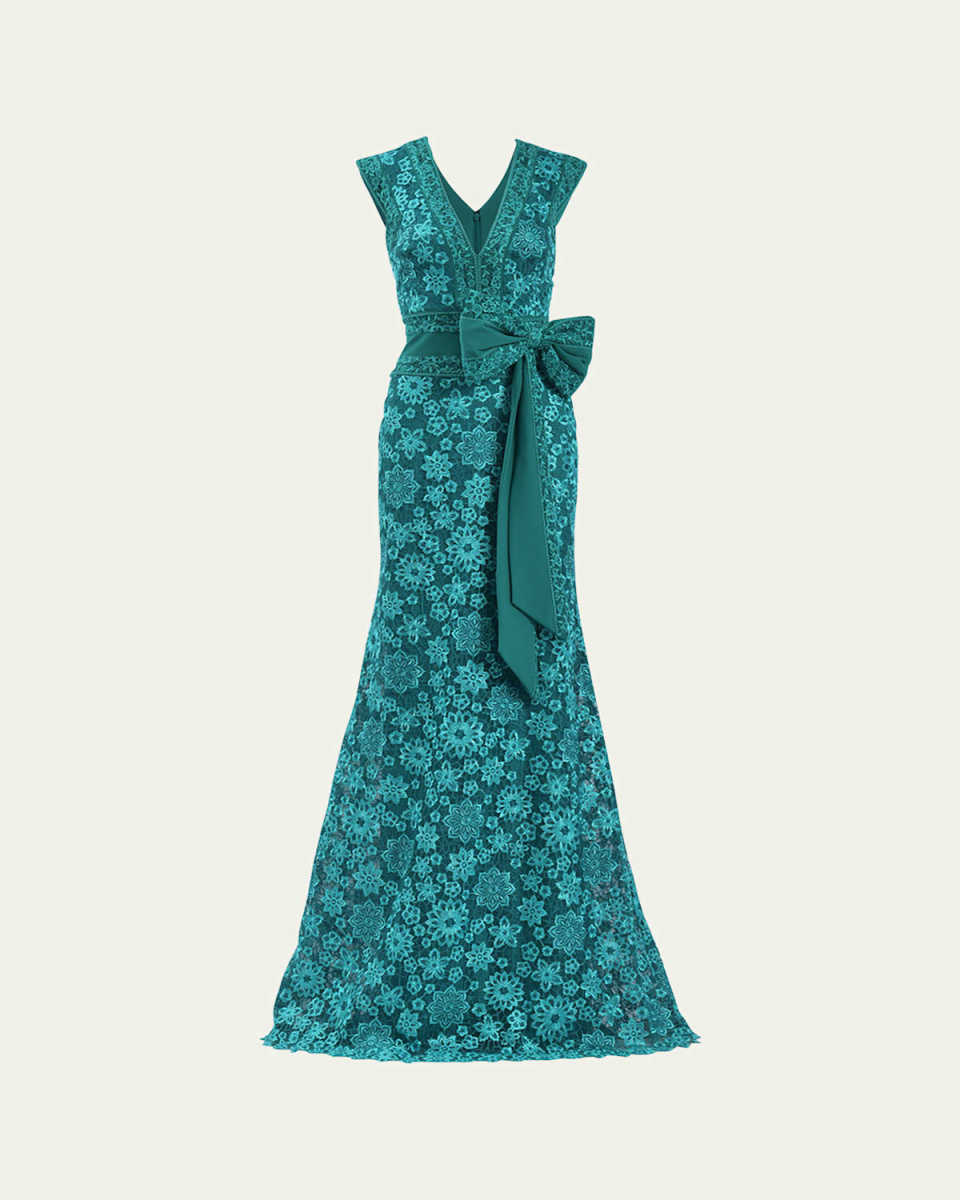 Sleeveless Bow-Front Floral Lace Gown